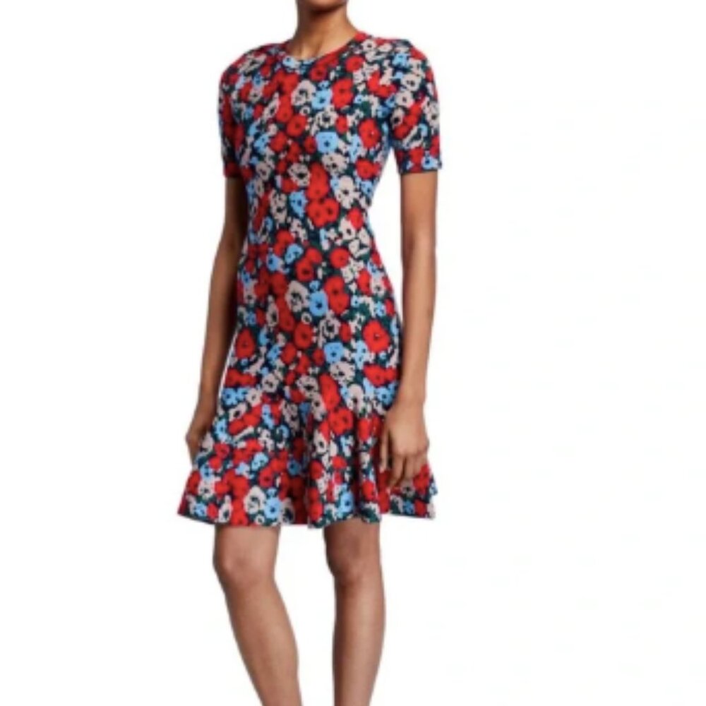 Milly Floral Jacquard Fit & Flare Knit Dress – Red/Blue Print, Size Large